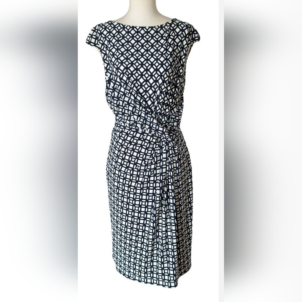 Lauren Ralph Lauren |Navy White Geometric Midi Dress Office Careerwear Sz.16